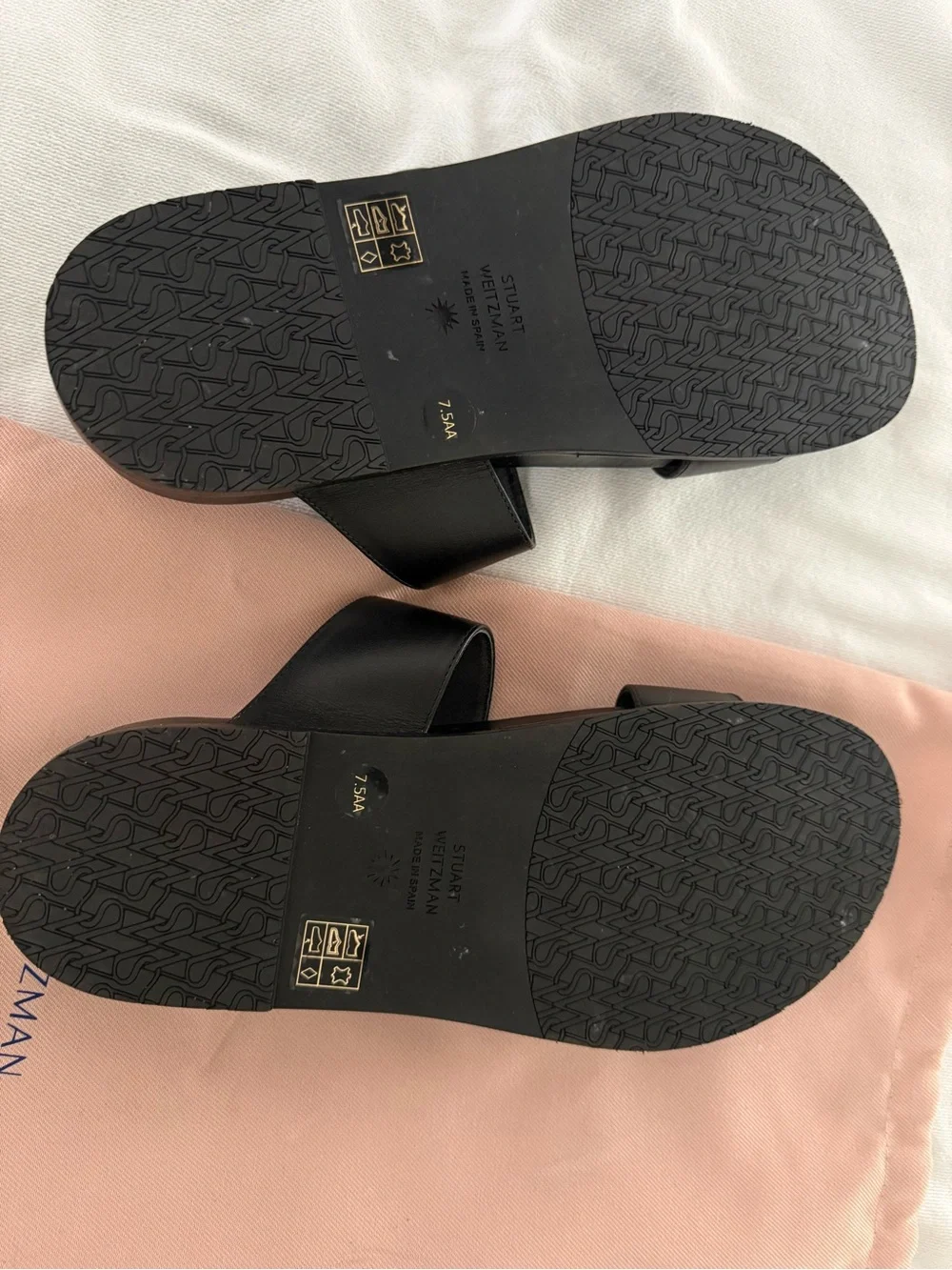Stuart Weitzman Black Leather Slide Sandals with Crystal Buckles